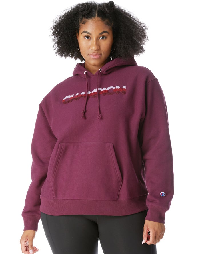 Champion Womens Hoodie NZ - Plus Reverse Weave Ombre Chenille Applique Dark Purple ( 9068-HLMKV )